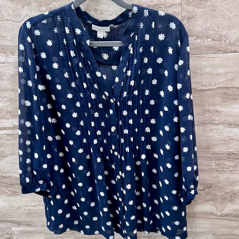 Charter Club Women's Patterned Button-Down Shirt Navy Blue & White  -  Size XL